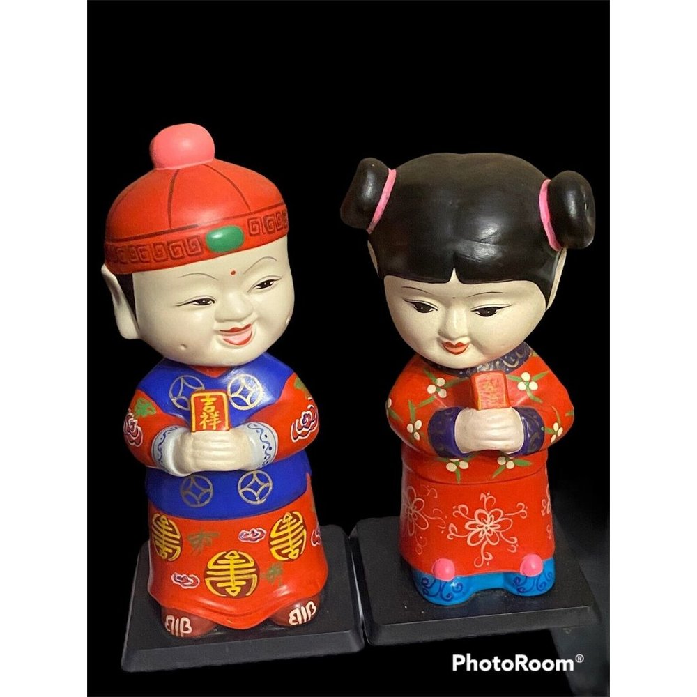 ASIAN BOY AND GIRL BOBBLE HEADS‎ CERAMIC 7”  Tall VINTAGE